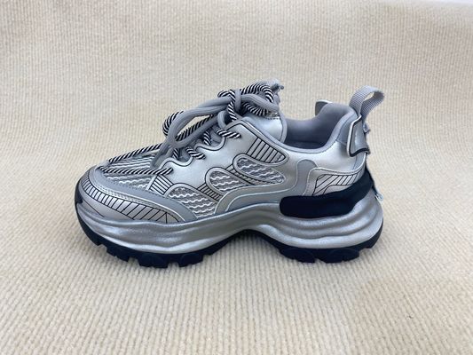 Fashion Comfort Sneakers With Mesh Upper Authentic Leather And Lacing Silver
