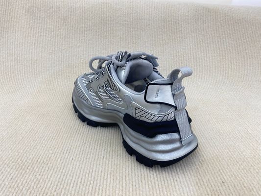 Fashion Comfort Sneakers With Mesh Upper Authentic Leather And Lacing Silver