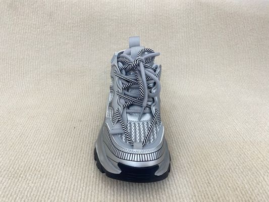 Fashion Comfort Sneakers With Mesh Upper Authentic Leather And Lacing Silver