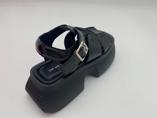 Phụ nữ mùa hè đôi giày đen vòm dày với nút kim loại da thật mùa hè